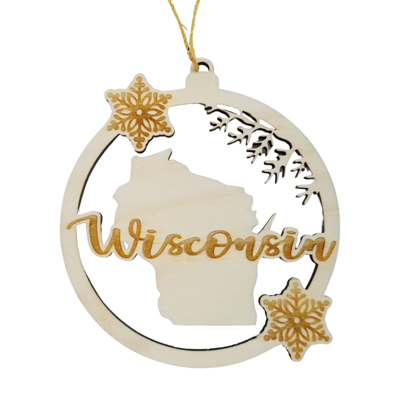 Wisconsin Wood Ornament - WI State Shape with Snowflakes Cutout - 15380