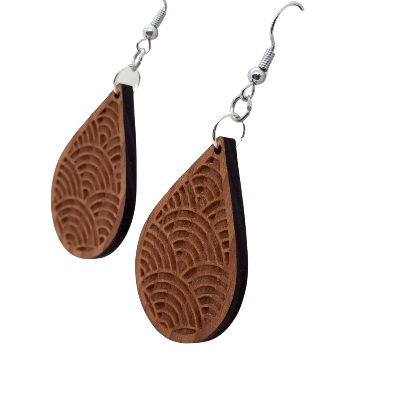 Wood Earrings - Engraved Teardrop Dangle Earrings - D16