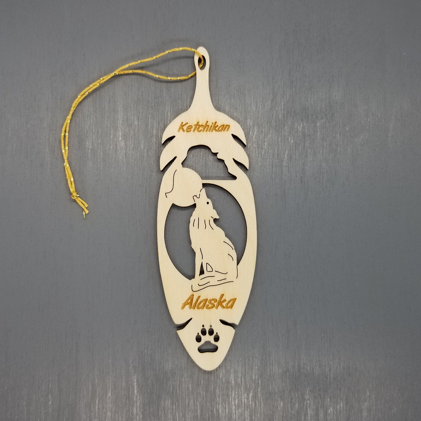 Ketchikan Alaska Wolf Christmas Ornament Wood Handmade in USA Souvenir Memento Feather 5.375" - 15055