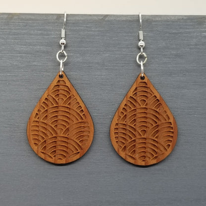 Wood Earrings - Engraved Teardrop Dangle Earrings - D16