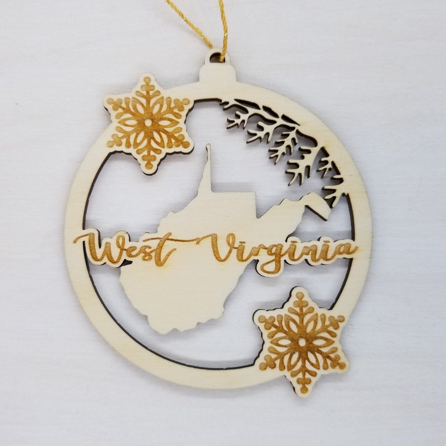 West Virginia Wood Ornament - WV State Shape with Snowflakes Cutout - Handmade Souvenir - 15381