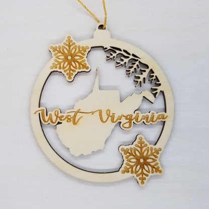West Virginia Wood Ornament - WV State Shape with Snowflakes Cutout - Handmade Souvenir - 15381