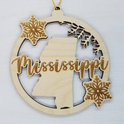 Mississippi Wood Ornament -  MS State Shape with Snowflakes Cutout - Handmade in USA - 15385