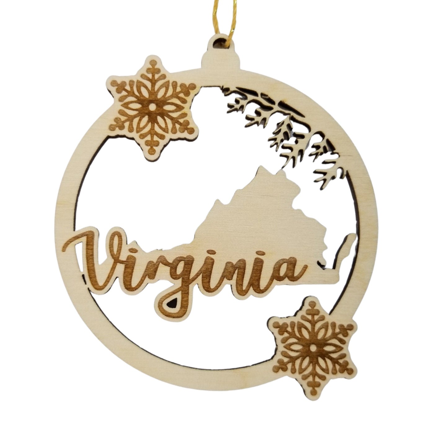 Virginia Wood Ornament -  VA State Shape with Snowflakes Cutout - 15388