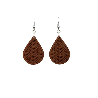 Wood Earrings - Engraved Teardrop Dangle Earrings - D16