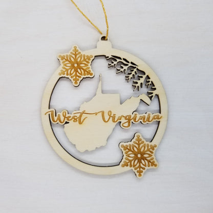 West Virginia Wood Ornament - WV State Shape with Snowflakes Cutout - Handmade Souvenir - 15381
