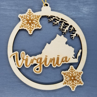 Virginia Wood Ornament -  VA State Shape with Snowflakes Cutout - 15388