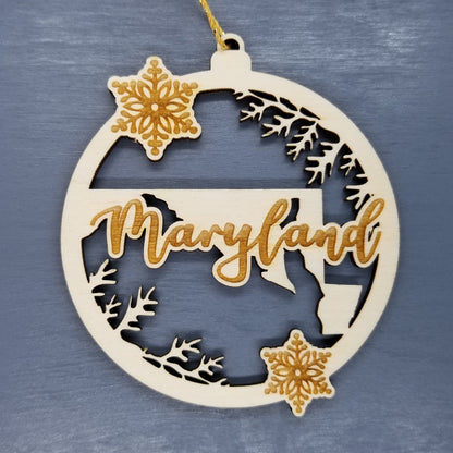 Maryland Wood Ornament -  State Shape with Snowflakes Cutout MD - Handmade Wood Ornament Made in USA Christmas Decor