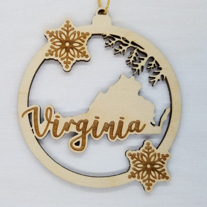 Virginia Wood Ornament -  VA State Shape with Snowflakes Cutout - 15388