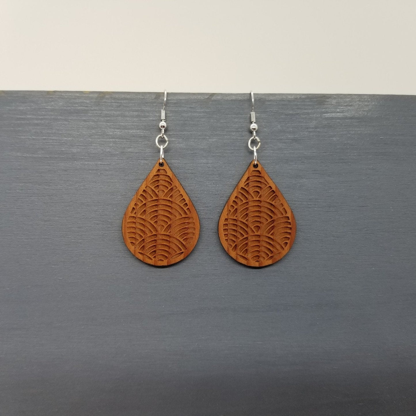 Wood Earrings - Engraved Teardrop Dangle Earrings - D16
