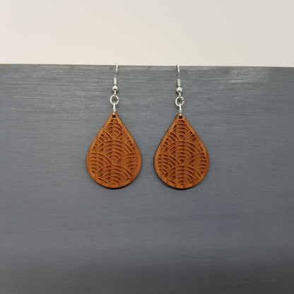 Wood Earrings - Engraved Teardrop Dangle Earrings - D16