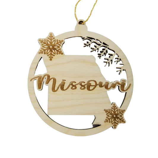 Missouri Wood Ornament -  MO State Shape with Snowflakes Cutout - Handmade Souvenir - 15402