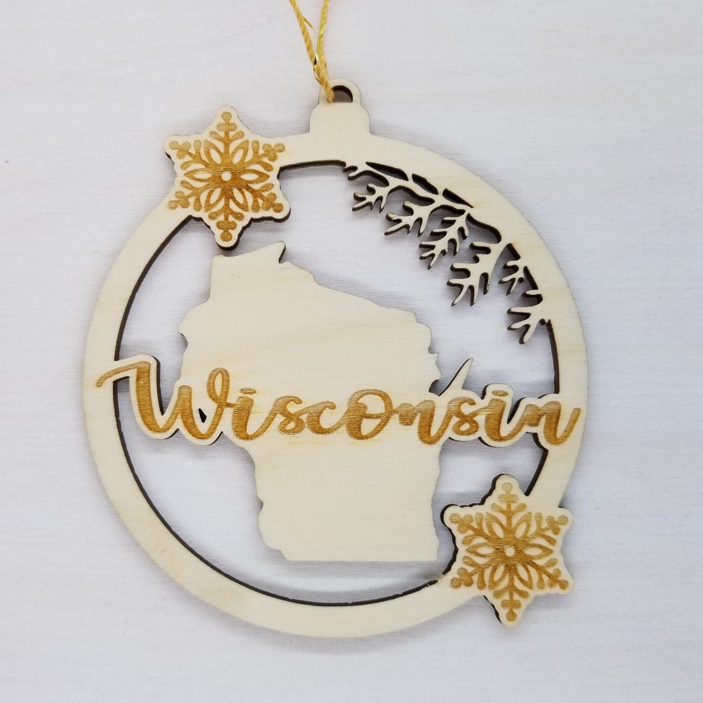 Wisconsin Wood Ornament - WI State Shape with Snowflakes Cutout - 15380