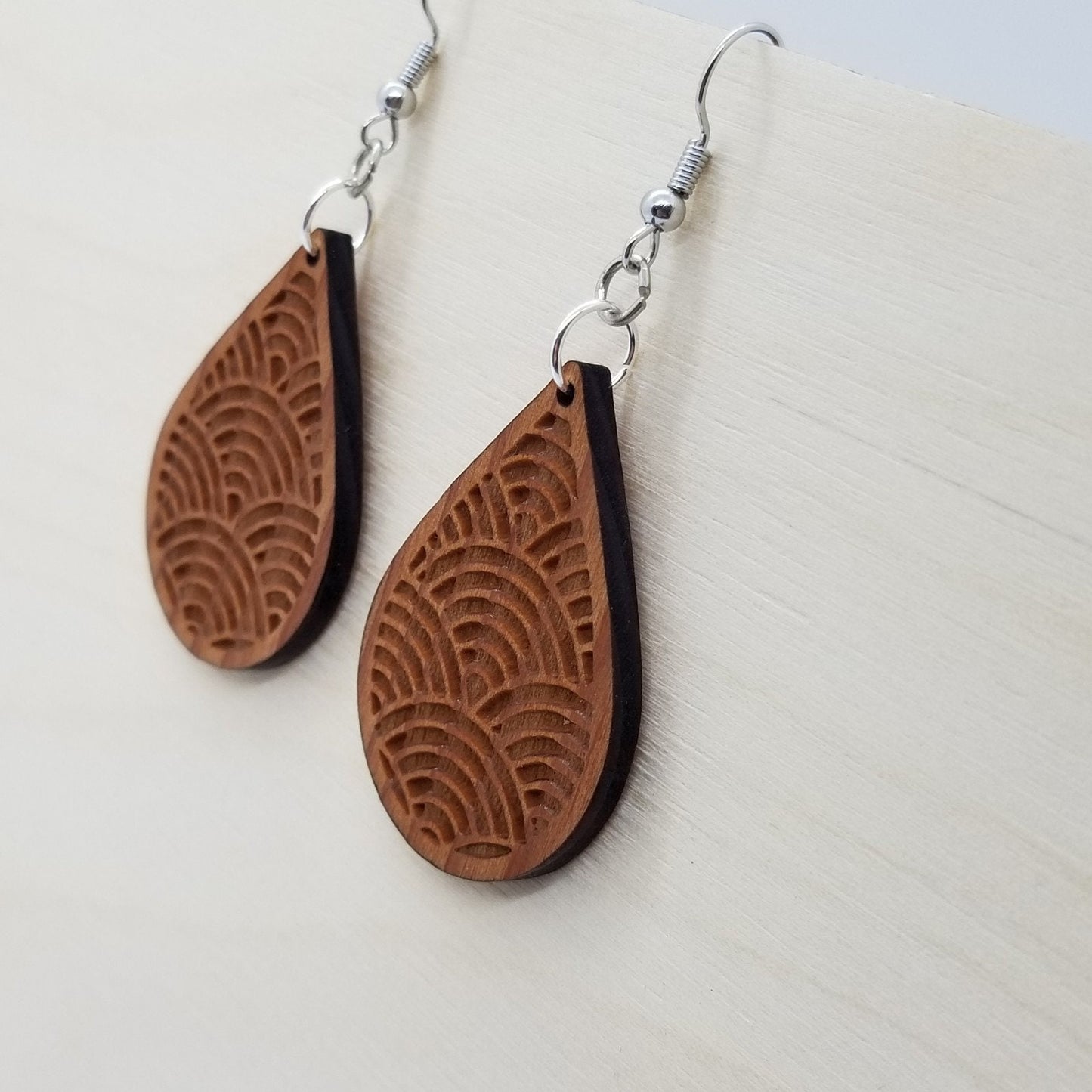 Wood Earrings - Engraved Teardrop Dangle Earrings - D16