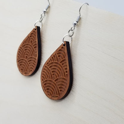 Wood Earrings - Engraved Teardrop Dangle Earrings - D16