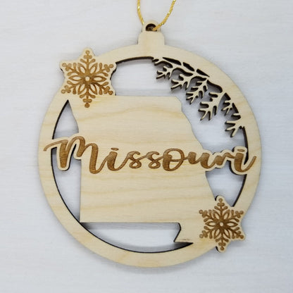 Missouri Wood Ornament -  MO State Shape with Snowflakes Cutout - Handmade Souvenir - 15402