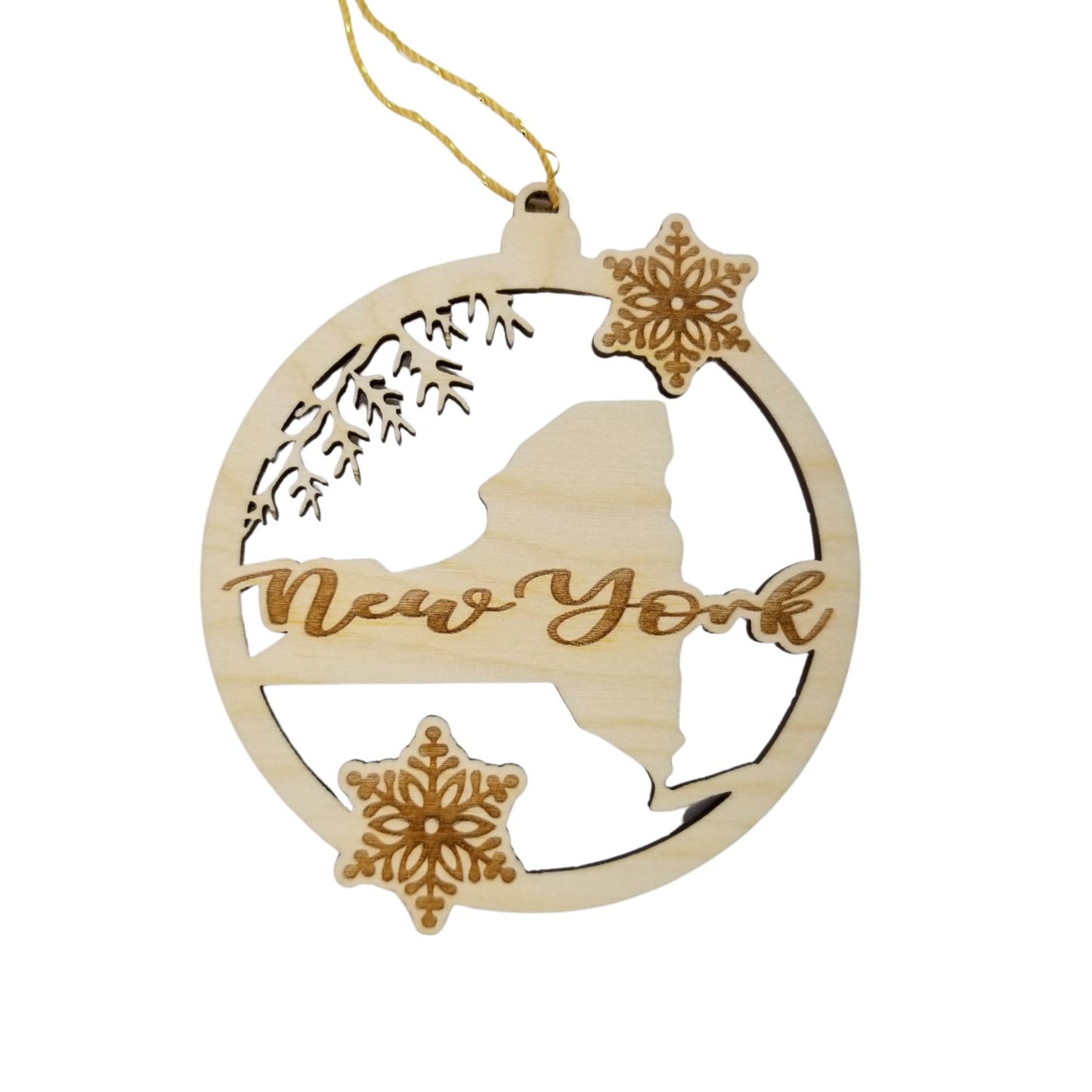 New York Wood Ornament - NY State Shape with Snowflakes Cutout - Souvenir - 15382