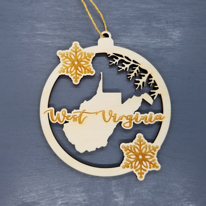 West Virginia Wood Ornament - WV State Shape with Snowflakes Cutout - Handmade Souvenir - 15381
