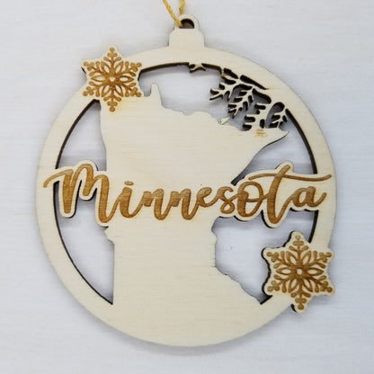 Minnesota Wood Ornament -  MN State Shape with Snowflakes Cutout - Handmade in USA - 15398