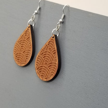 Wood Earrings - Engraved Teardrop Dangle Earrings - D16