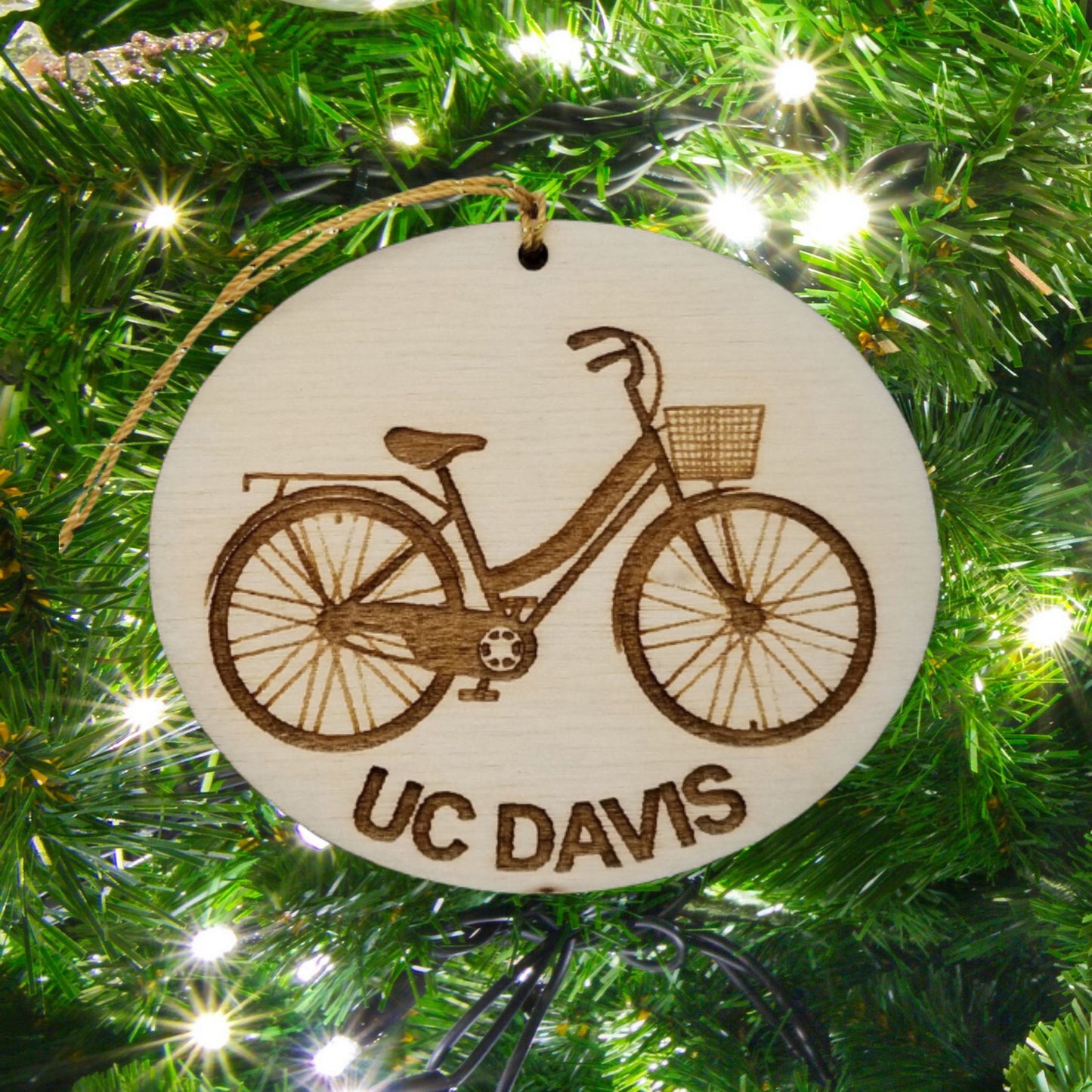 UC Davis Wood Ornament - Womens Bicycle with Basket and Bike Rack - 15030