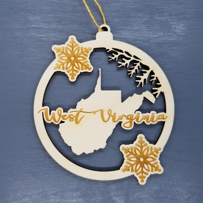 West Virginia Wood Ornament - WV State Shape with Snowflakes Cutout - Handmade Souvenir - 15381
