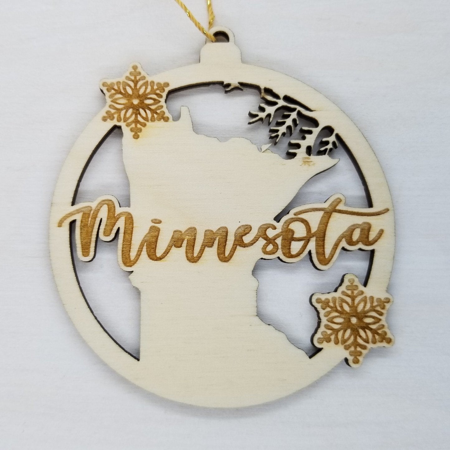 Minnesota Wood Ornament -  MN State Shape with Snowflakes Cutout - Handmade in USA - 15398