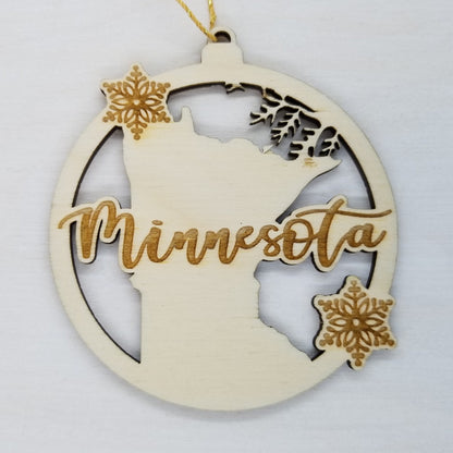 Minnesota Wood Ornament -  MN State Shape with Snowflakes Cutout - Handmade in USA - 15398