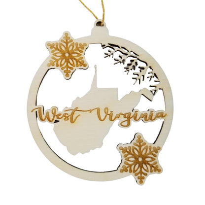 West Virginia Wood Ornament - WV State Shape with Snowflakes Cutout - Handmade Souvenir - 15381