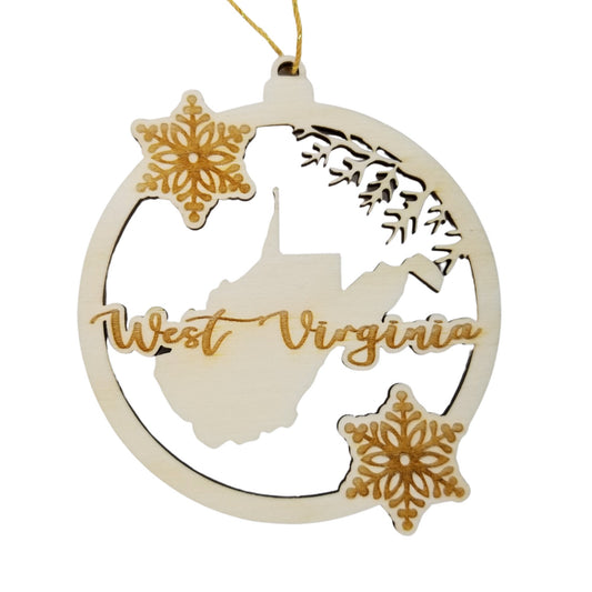West Virginia Wood Ornament - WV State Shape with Snowflakes Cutout - Handmade Souvenir - 15381
