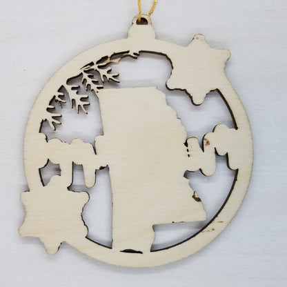Mississippi Wood Ornament -  MS State Shape with Snowflakes Cutout - Handmade in USA - 15385