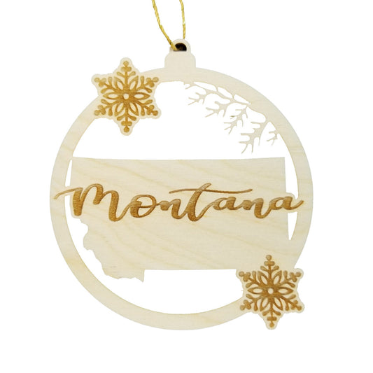 Montana Ornament - State Shape with Snowflakes Cutout MT - Handmade Wood Souvenir - 15433