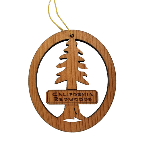 California Redwoods Ornament Handmade Wood Souvenir Made in USA Travel Gift 3" Tree With Sign - 15189