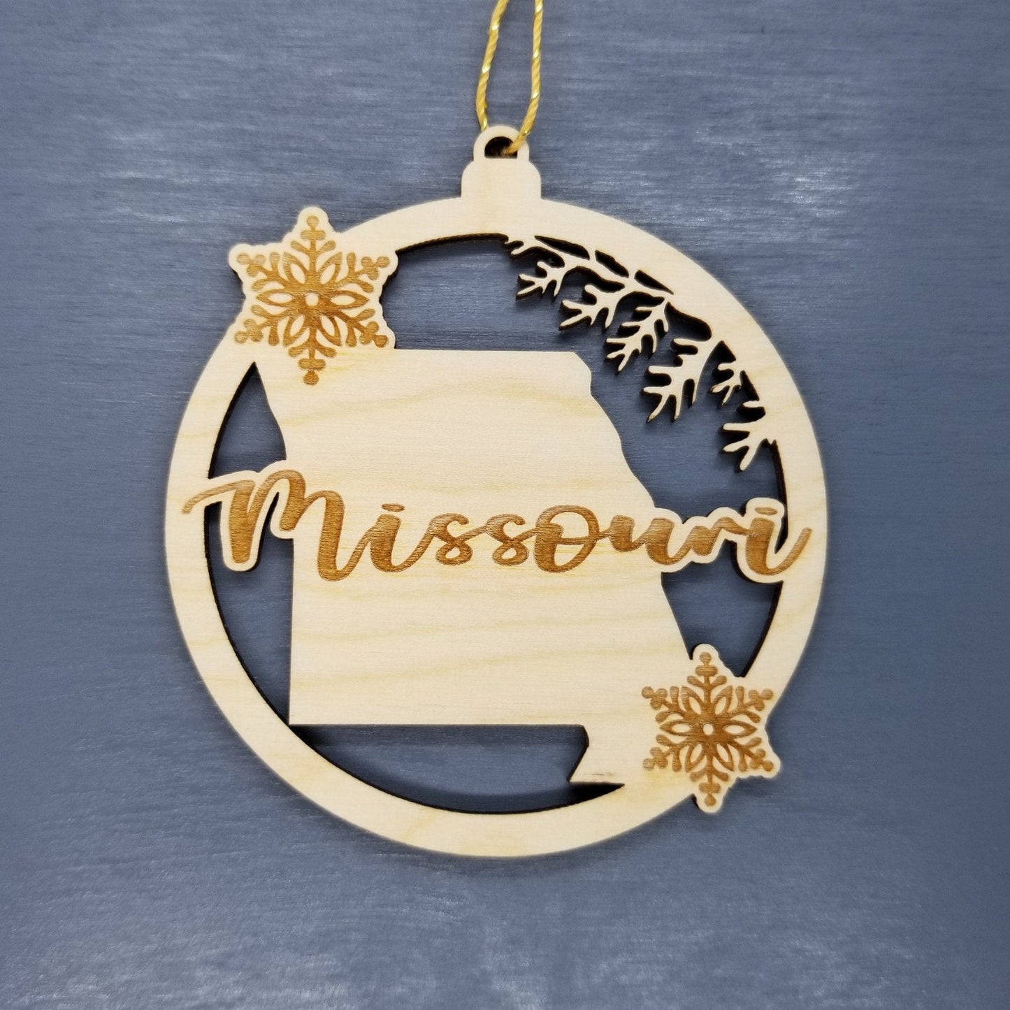 Missouri Wood Ornament -  MO State Shape with Snowflakes Cutout - Handmade Souvenir - 15402