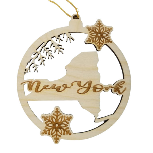 New York Wood Ornament - NY State Shape with Snowflakes Cutout - Souvenir - 15382