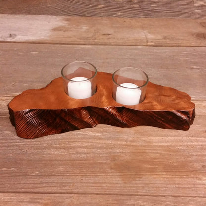 Wood Candle Holder Rustic Redwood 2 Votive Handmade #X Rustic Home Decor