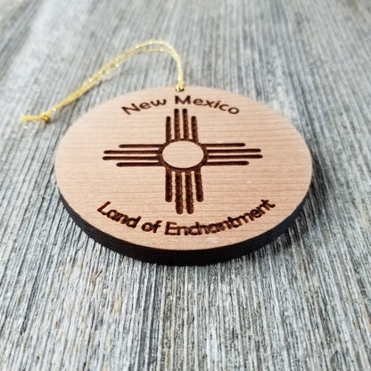New Mexico Wood Ornament Land of Enchantment Zia Flag Symbol Handmade in USA Souvenir - 15010